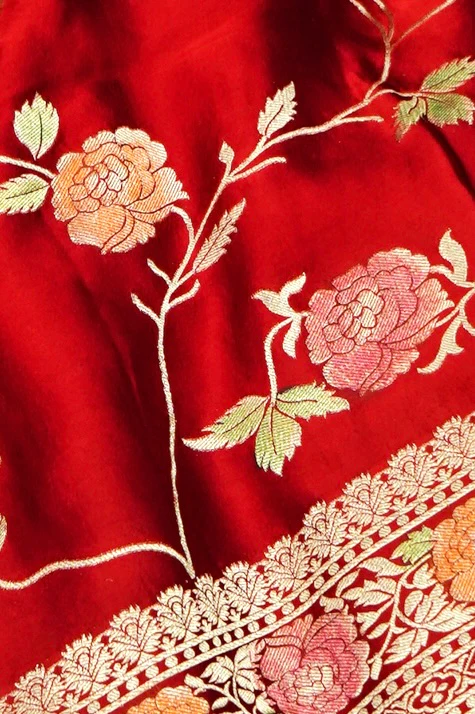 Crimson Red Banarasi Satin Saree with brush work - Image 3