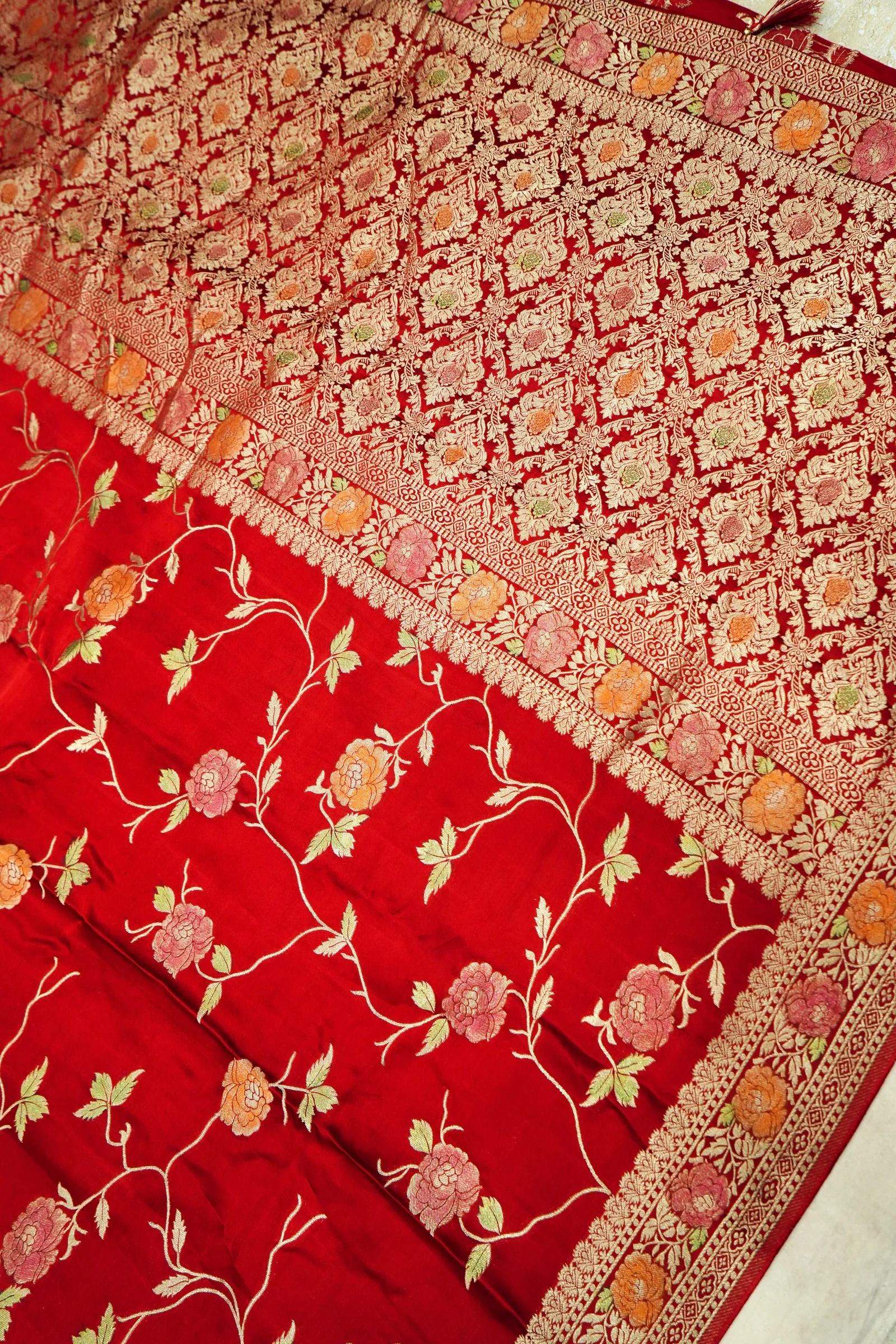 Crimson Red Banarasi Satin Saree with brush work - Image 4