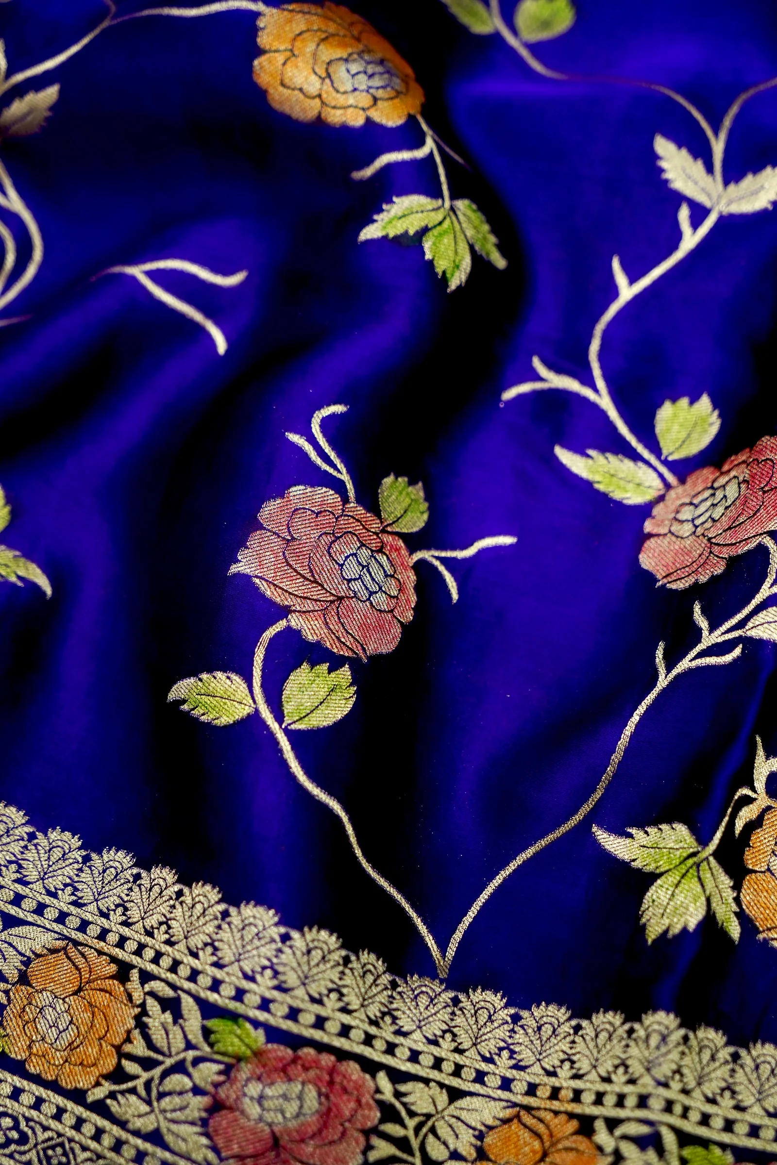 Deep Cobalt Blue Banarasi Satin Saree with brush work - Image 3