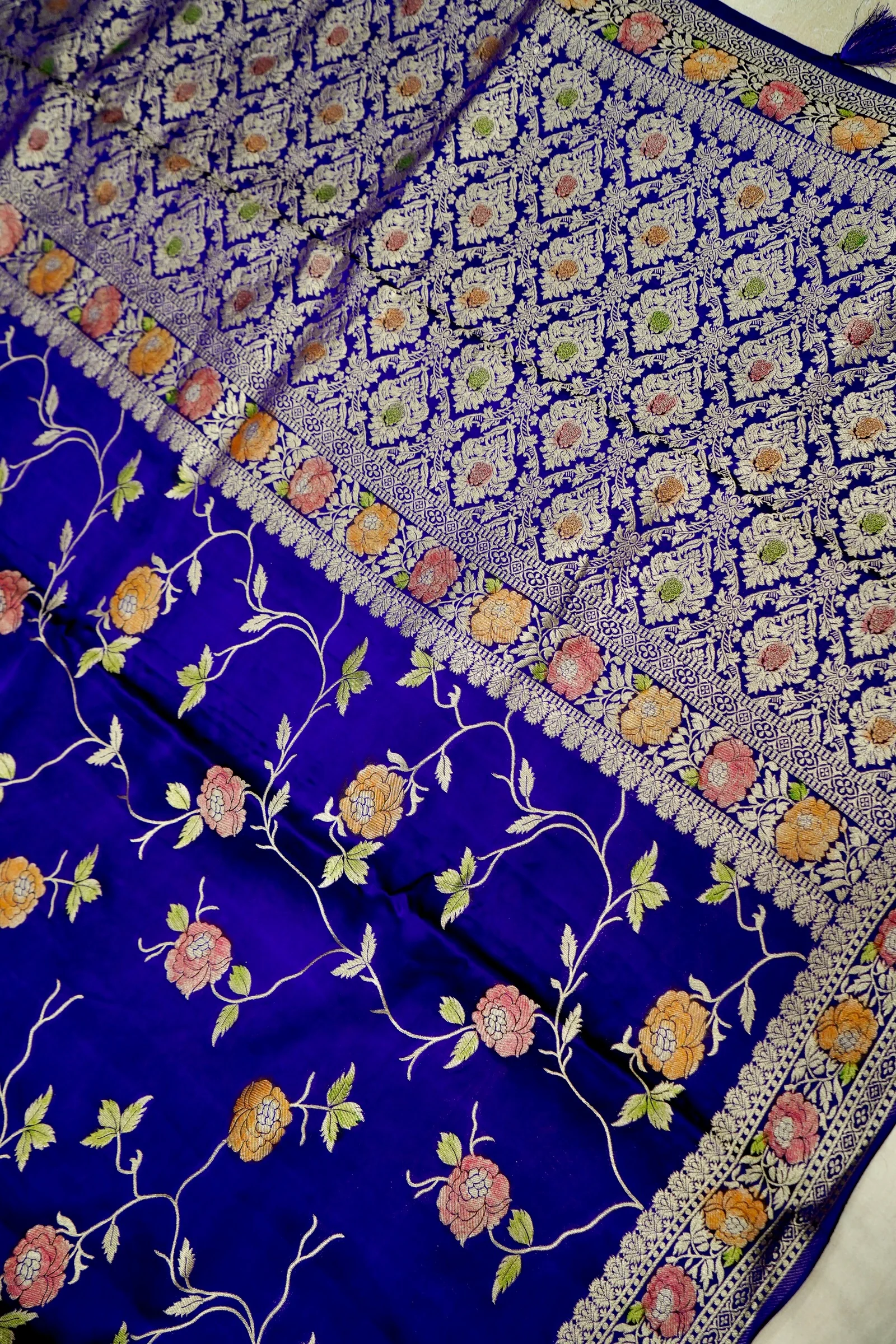 Deep Cobalt Blue Banarasi Satin Saree with brush work - Image 4