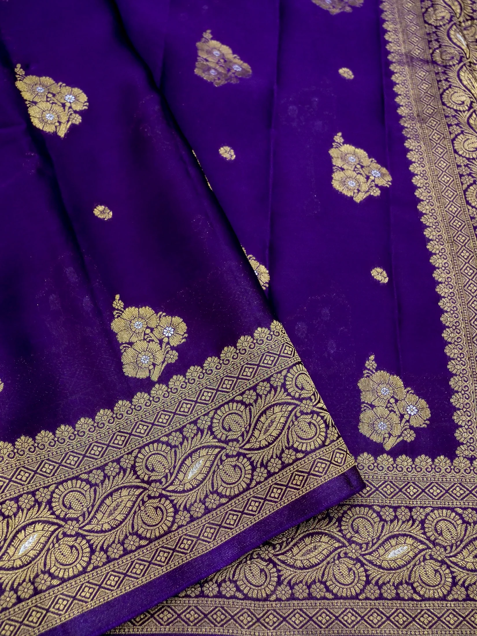 Deep Purple Banarasi Organza Satin Silk Saree - Image 3