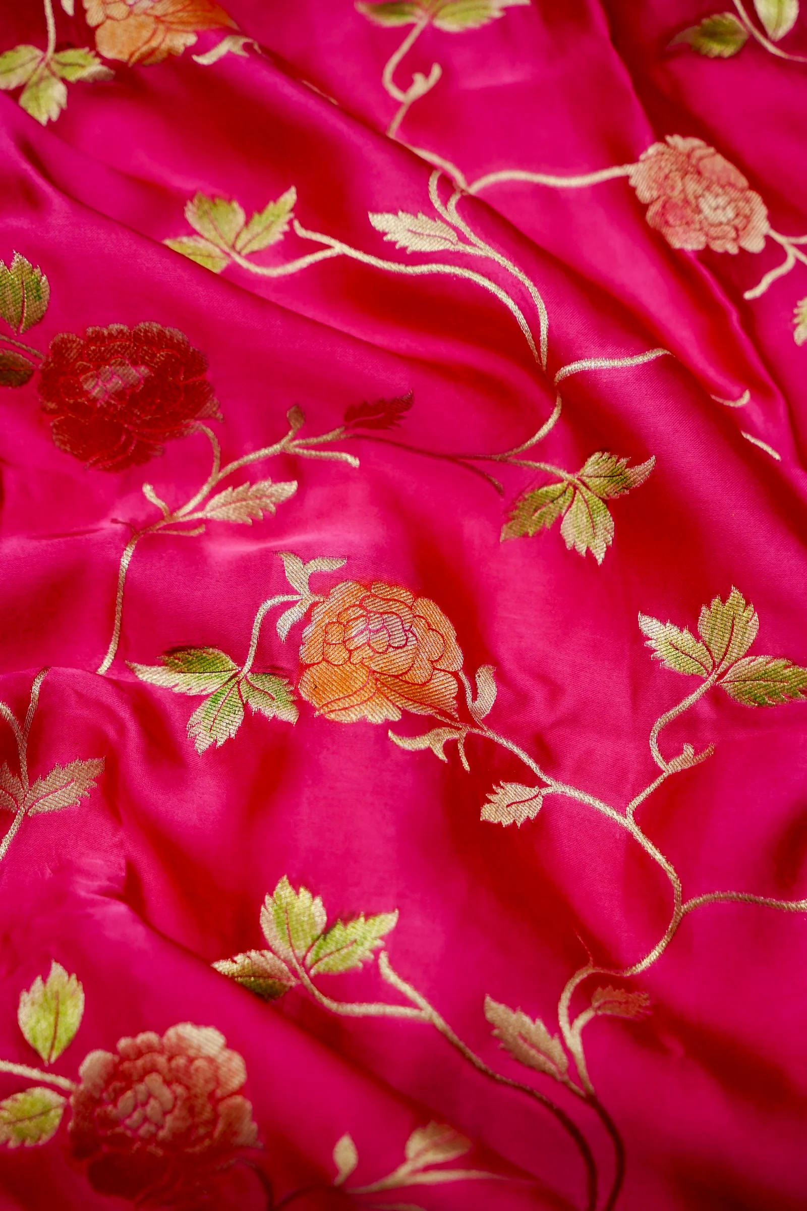 Fuchsia Pink Banarasi Satin Saree with brush work - Image 3