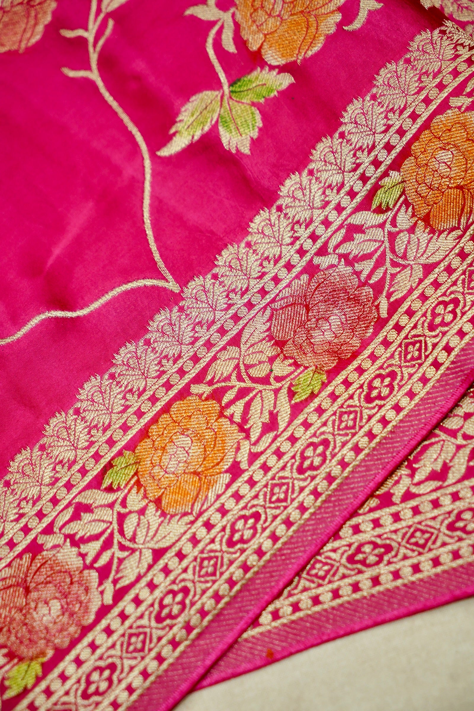 Fuchsia Pink Banarasi Satin Saree with brush work - Image 4