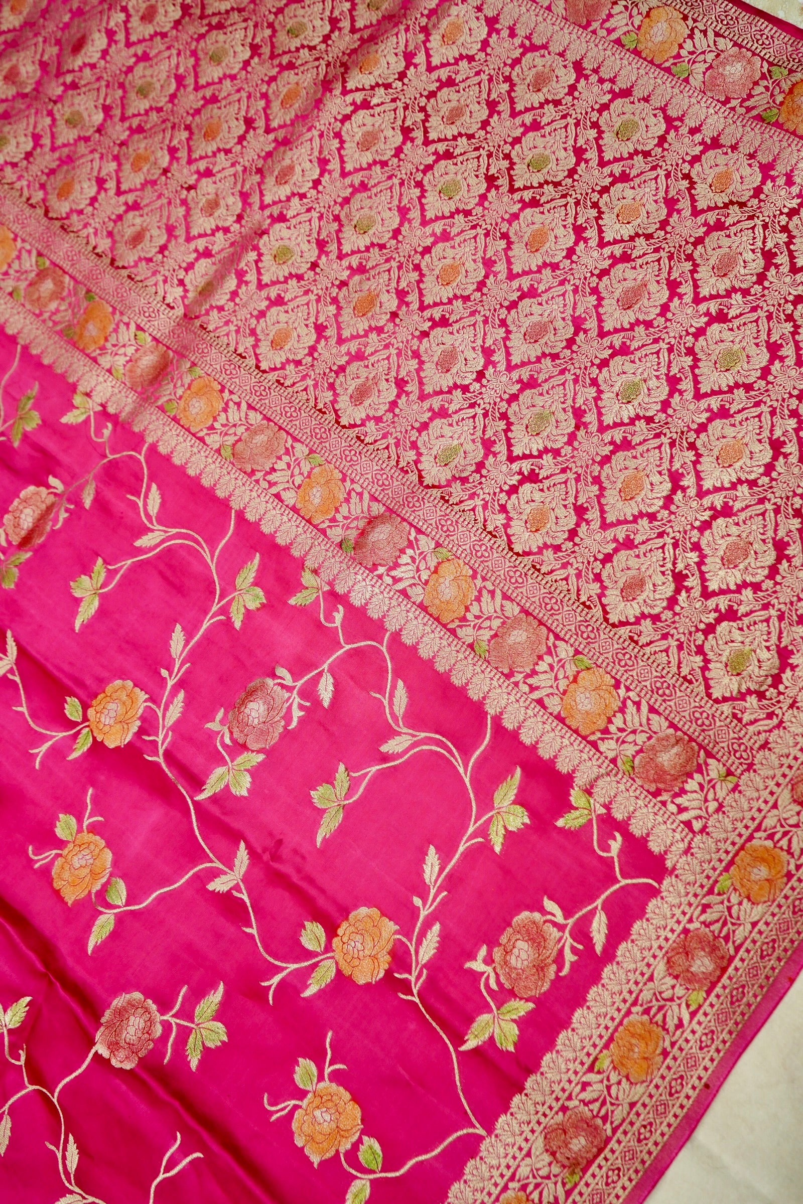 Fuchsia Pink Banarasi Satin Saree with brush work - Image 5