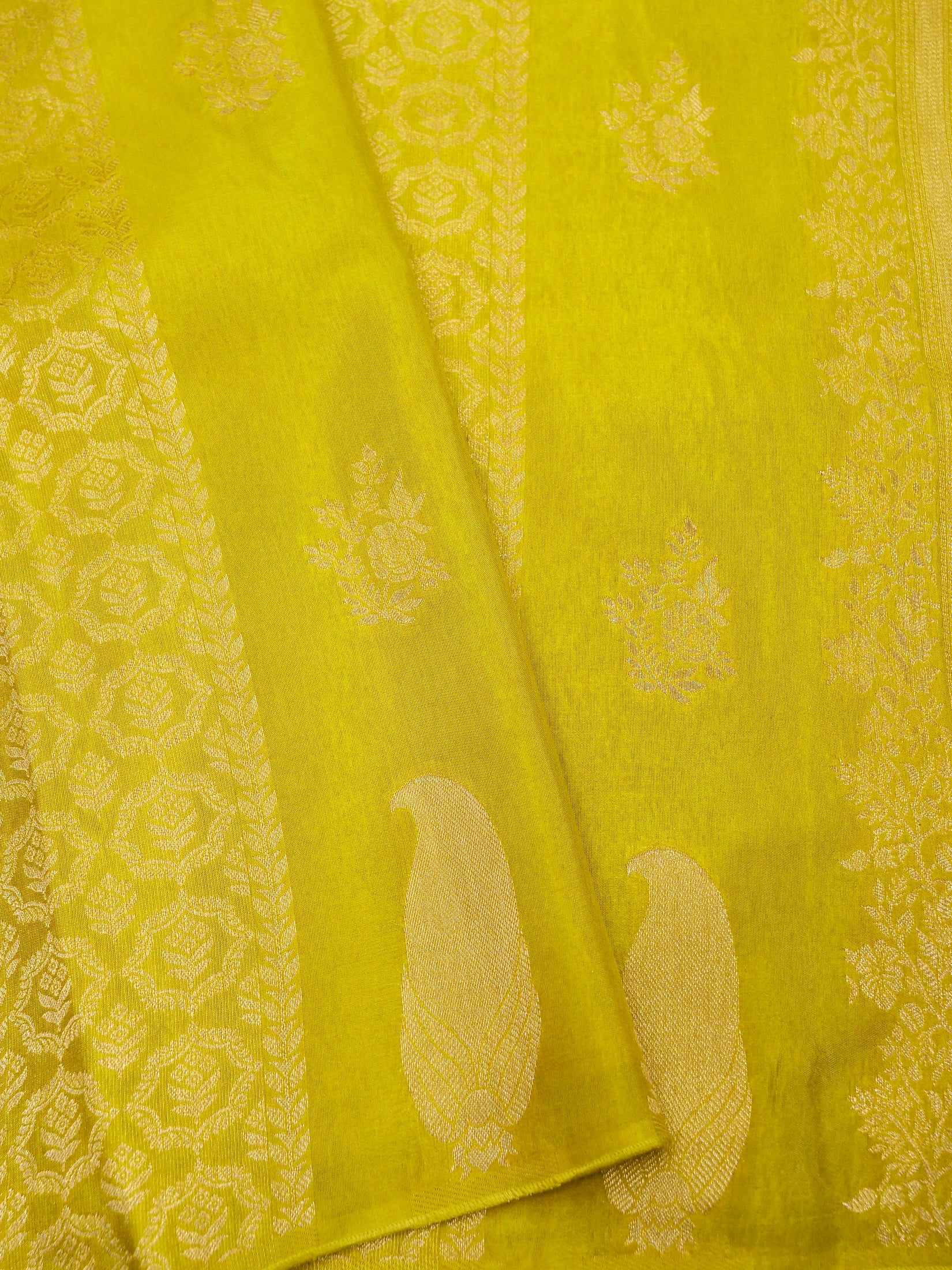 Lime Yellow Banarasi Dola Silk Saree - Image 3