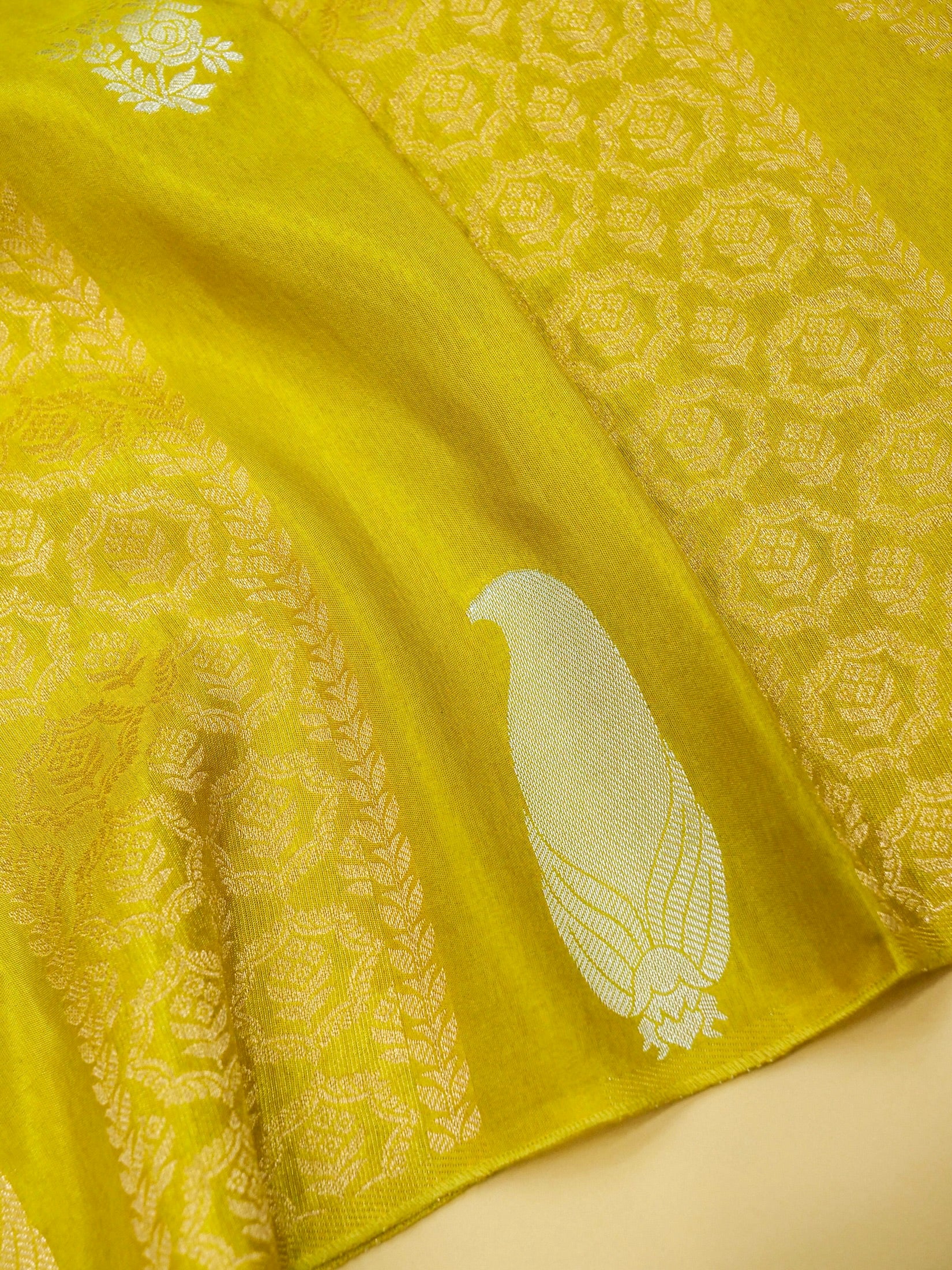 Lime Yellow Banarasi Dola Silk Saree - Image 4