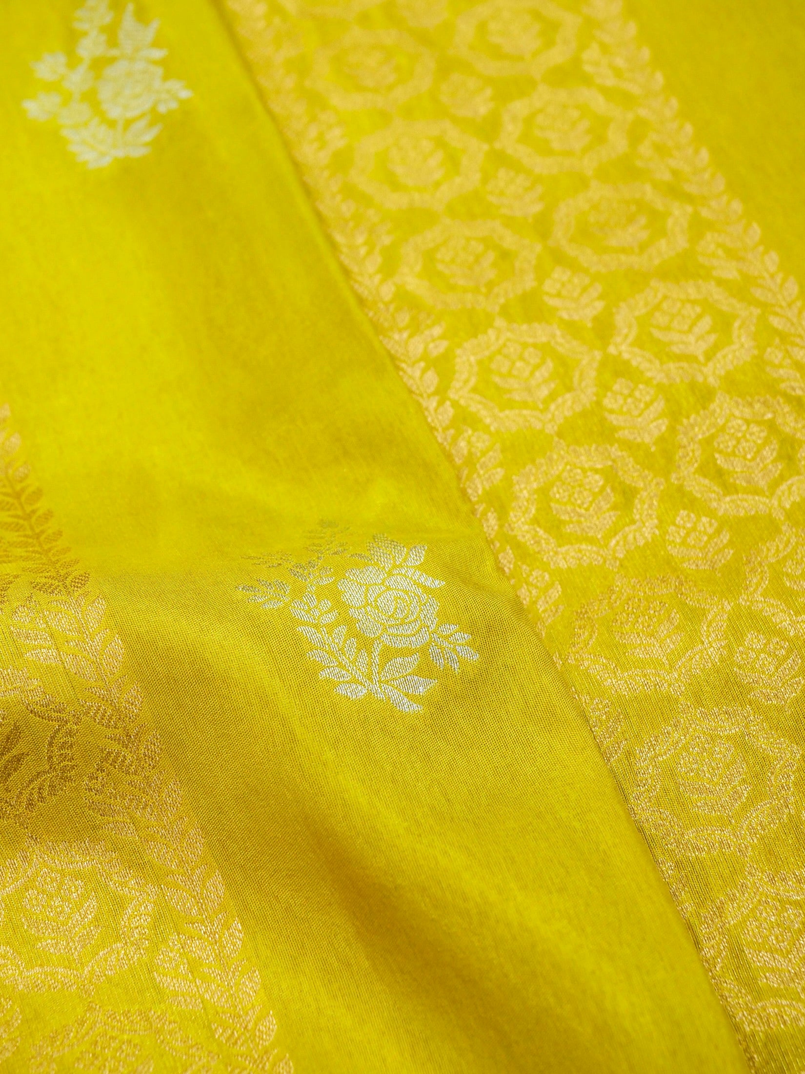 Lime Yellow Banarasi Dola Silk Saree - Image 5