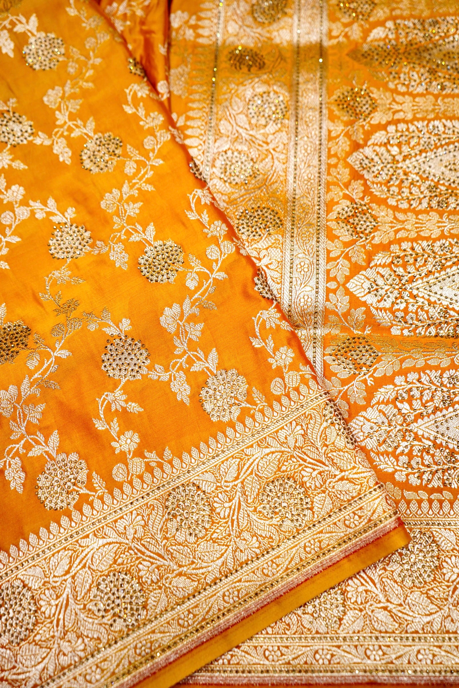 Marigold Yellow Banarasi Mashru Silk Saree - Image 3