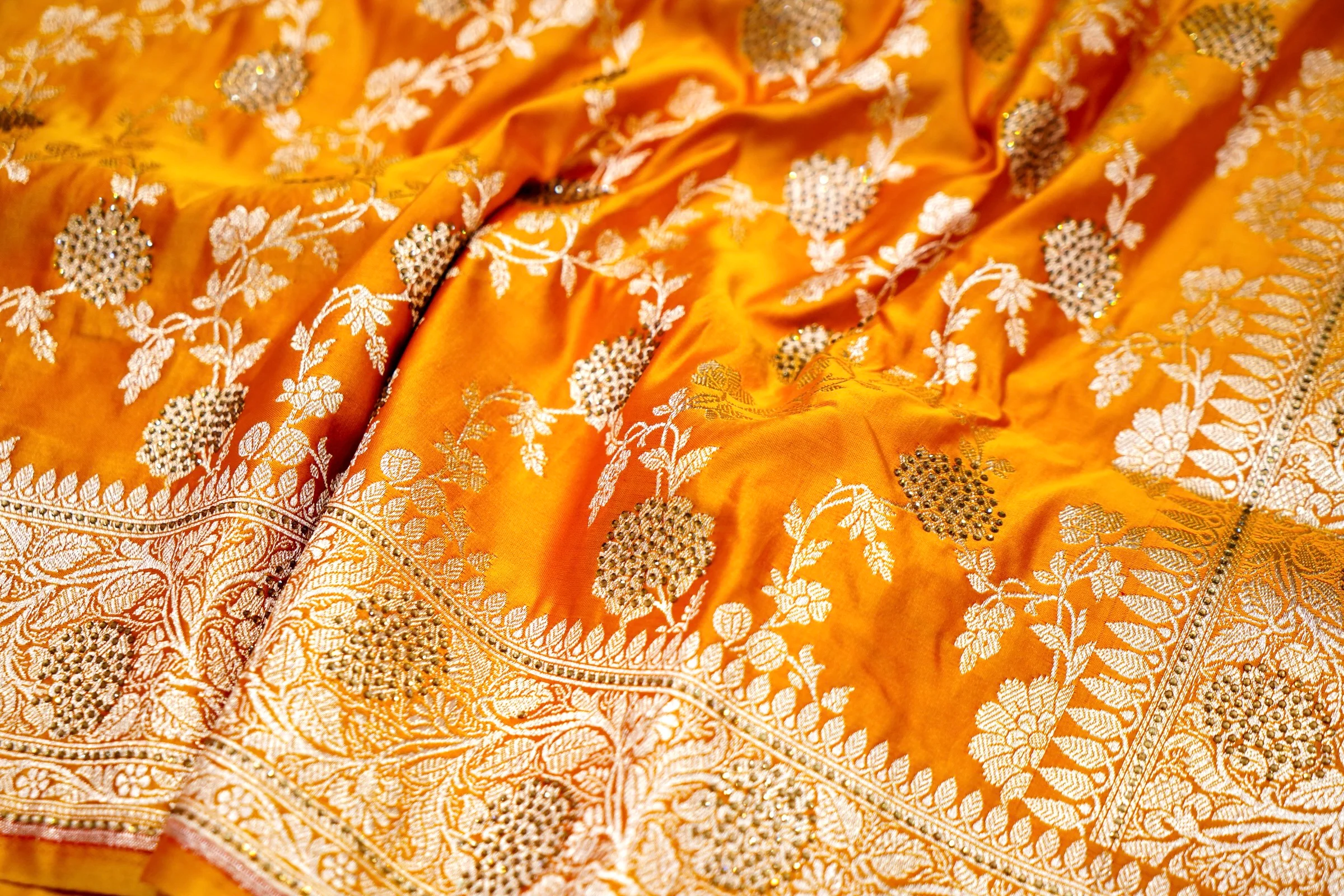 Marigold Yellow Banarasi Mashru Silk Saree - Image 6