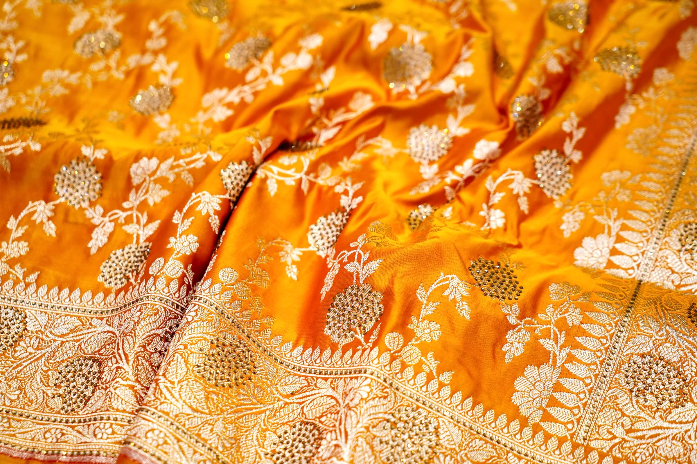 Marigold Yellow Banarasi Mashru Silk Saree - Image 7