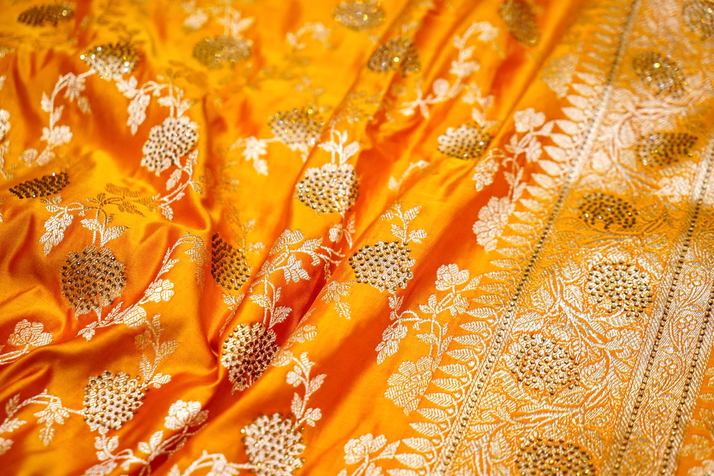 Marigold Yellow Banarasi Mashru Silk Saree - Image 8