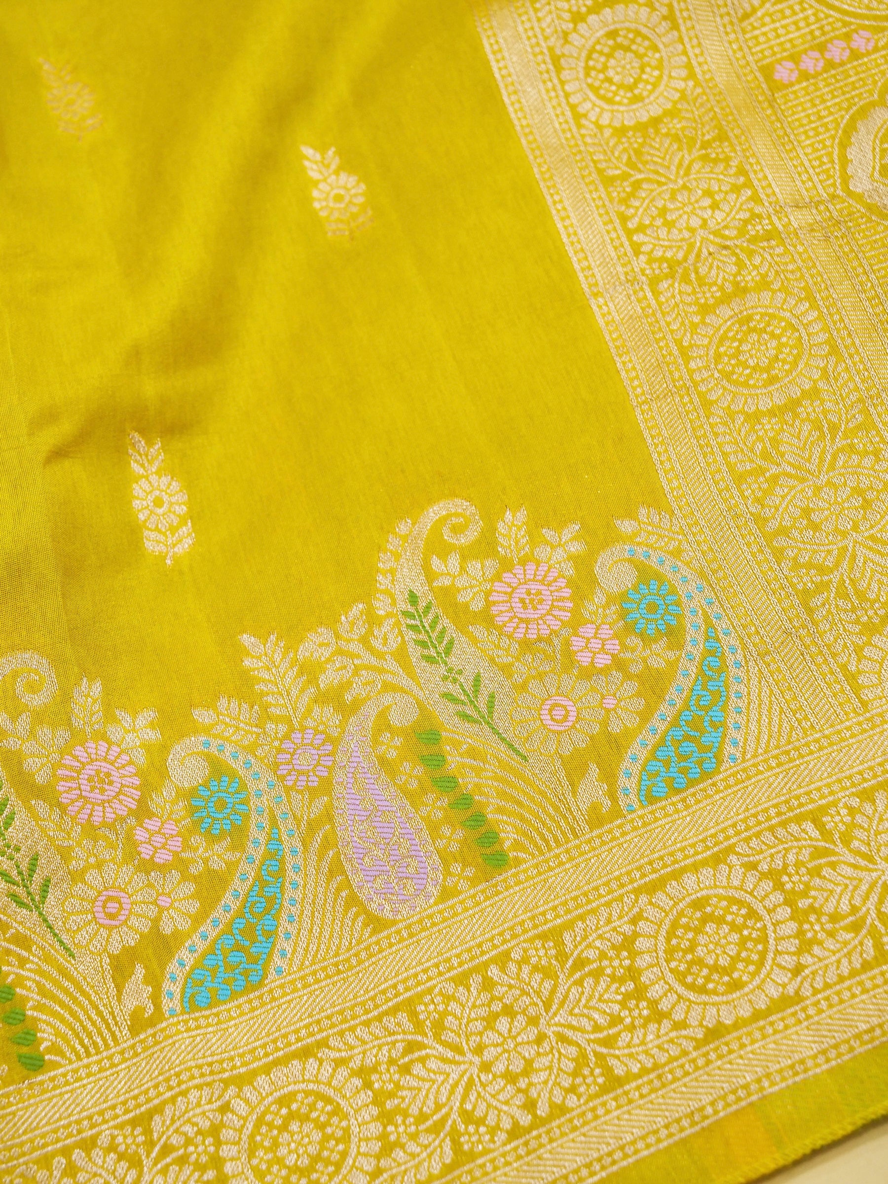 Mustard Yellow Banarasi Dola Silk Saree - Image 5