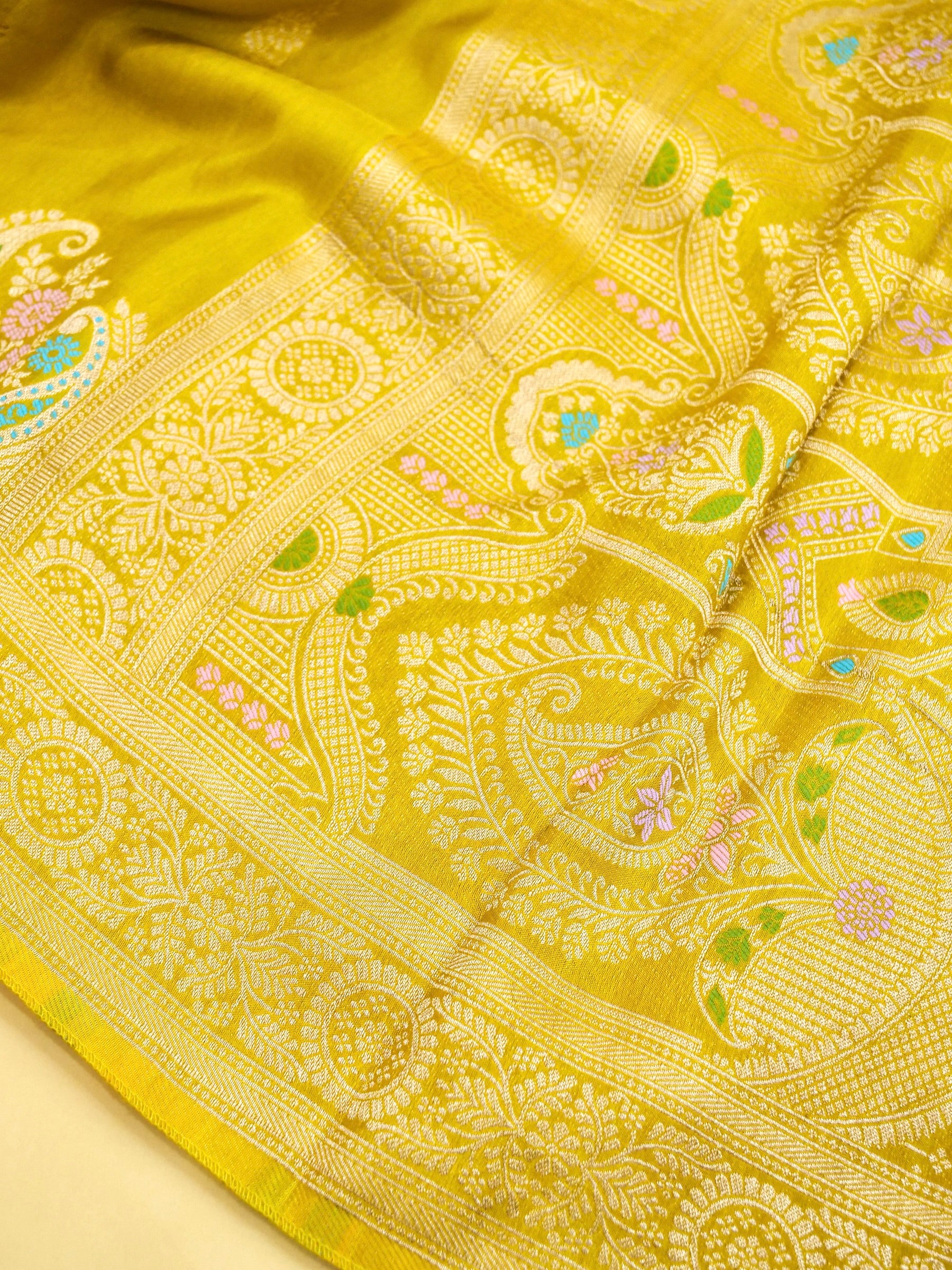 Mustard Yellow Banarasi Dola Silk Saree - Image 6