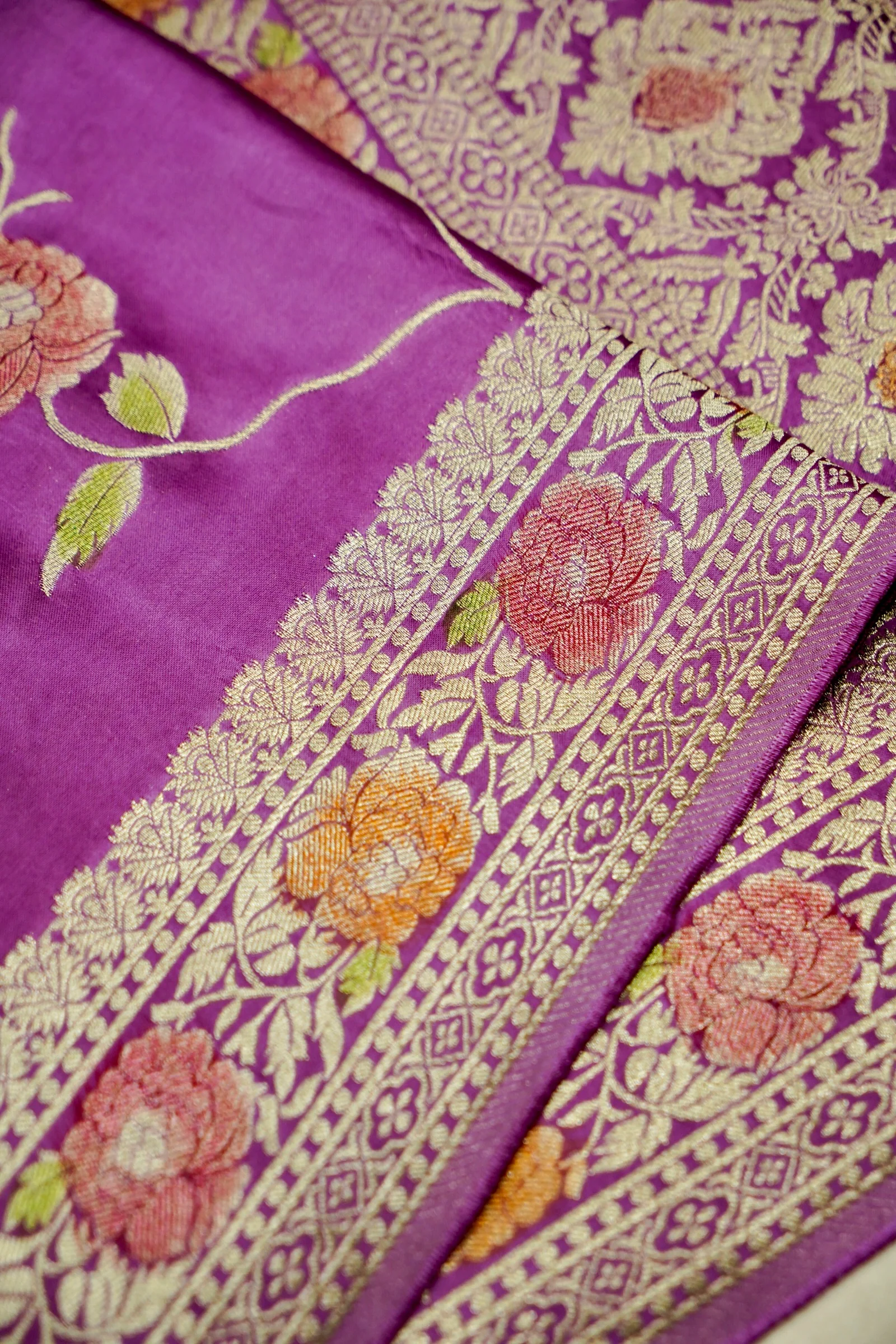 Purple Lightweight Banarasi Satin Saree with brush work - Image 3