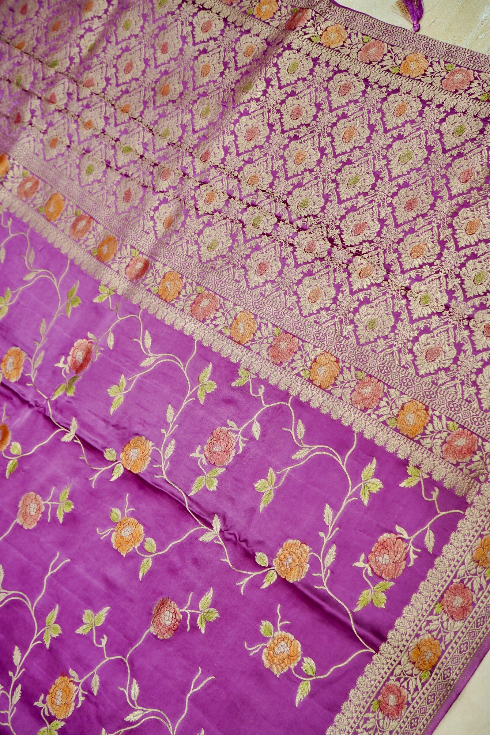 Purple Lightweight Banarasi Satin Saree with brush work - Image 5