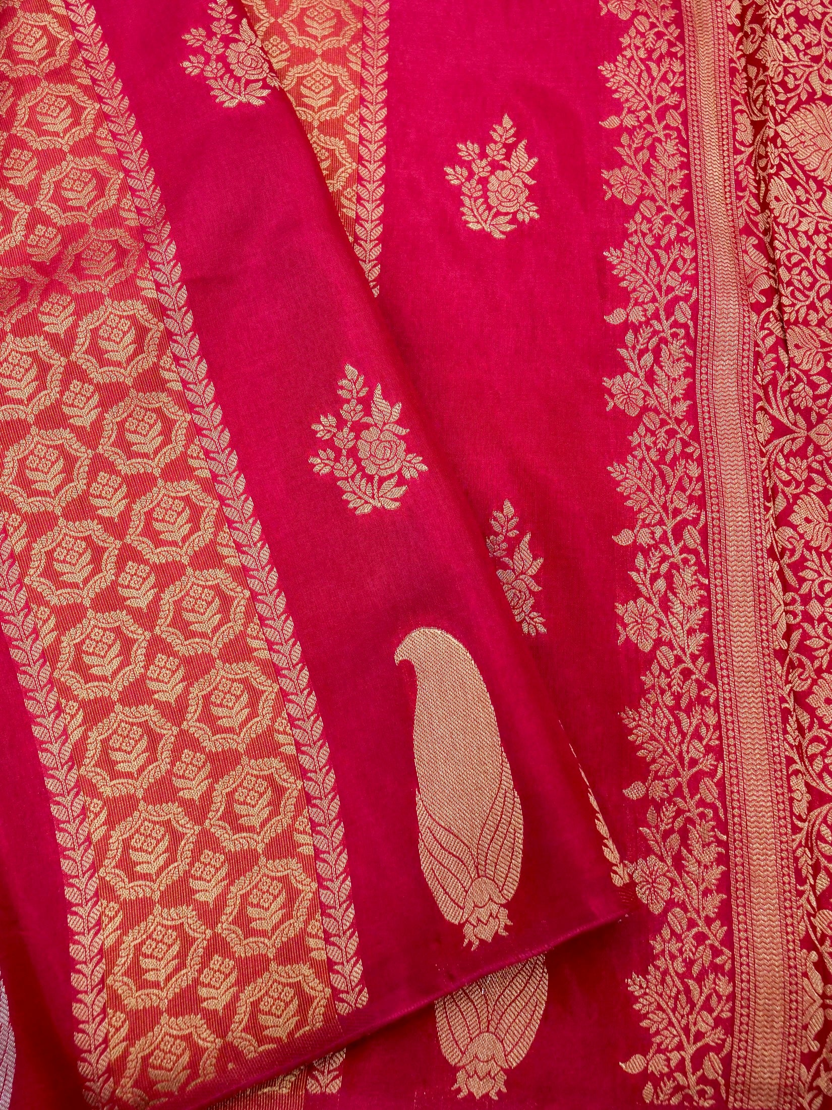 Rani Pink Banarasi Dola Silk Saree with Floral Jaal | Paisley Buti Stripes - Image 3