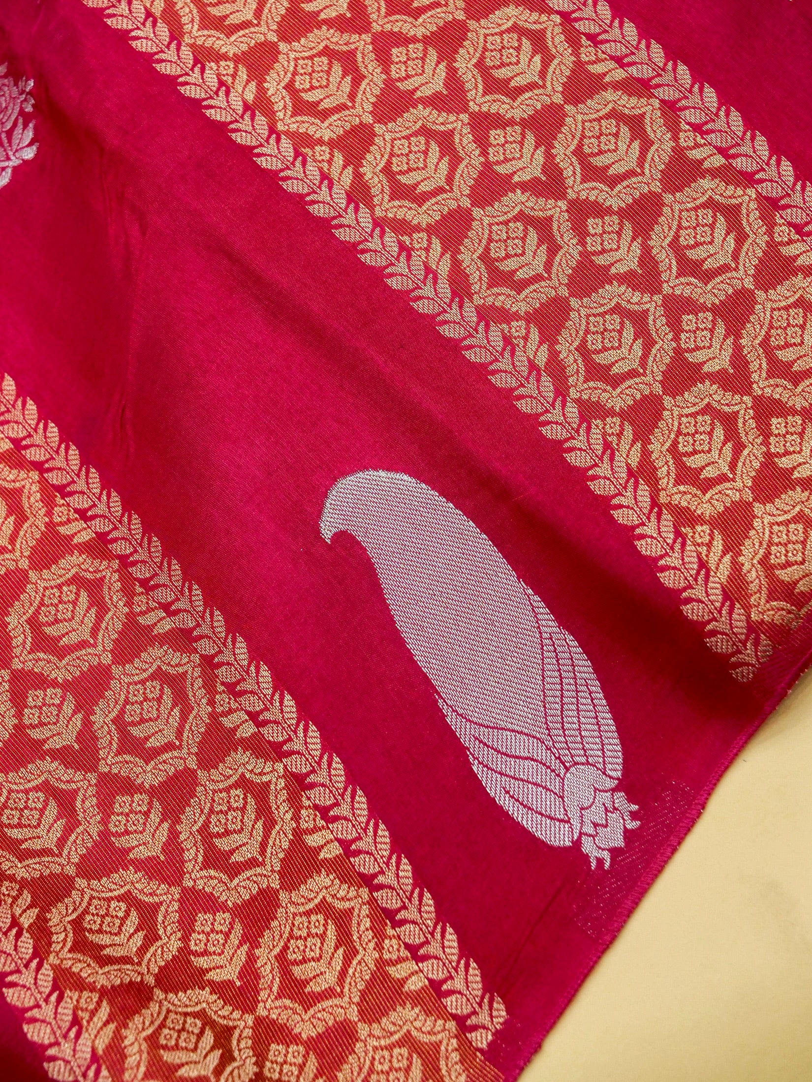 Rani Pink Banarasi Dola Silk Saree with Floral Jaal | Paisley Buti Stripes - Image 4