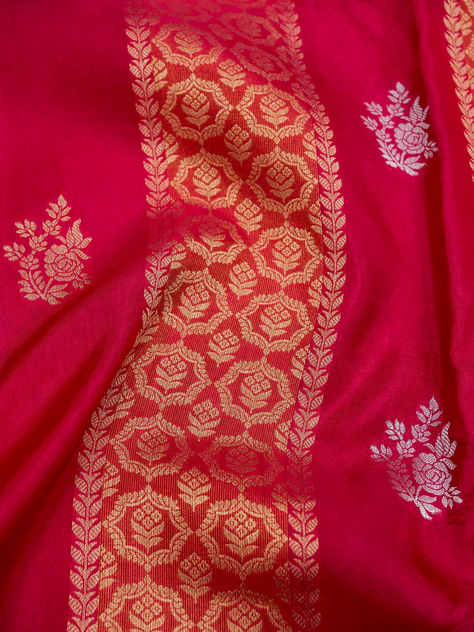 Rani Pink Banarasi Dola Silk Saree with Floral Jaal | Paisley Buti Stripes - Image 5
