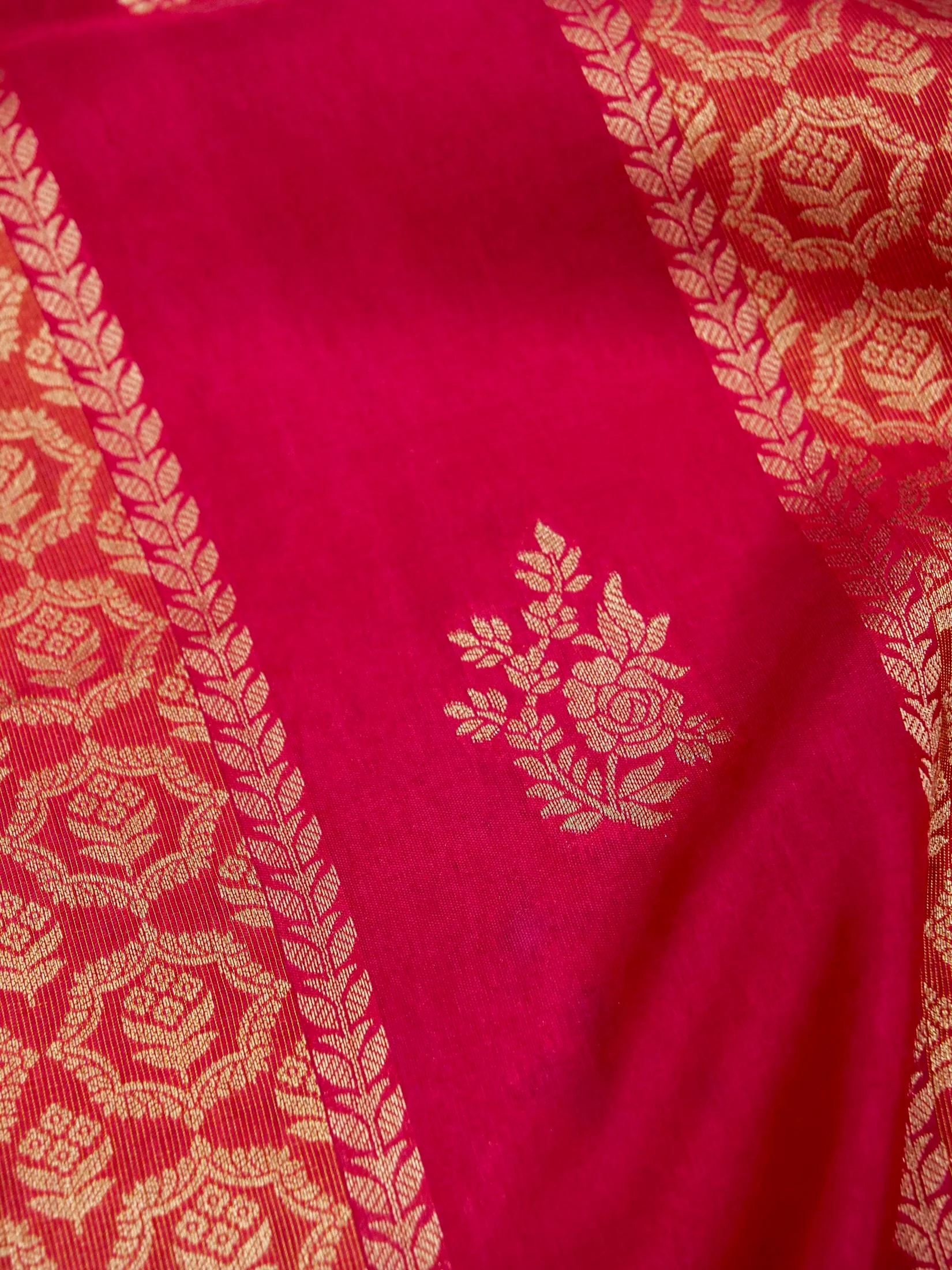 Rani Pink Banarasi Dola Silk Saree with Floral Jaal | Paisley Buti Stripes - Image 6