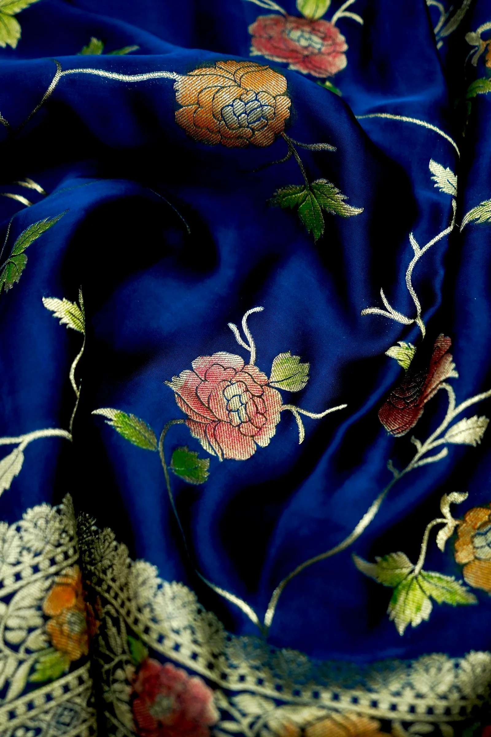 Royal Blue Banarasi Satin Saree with brush work - Image 3