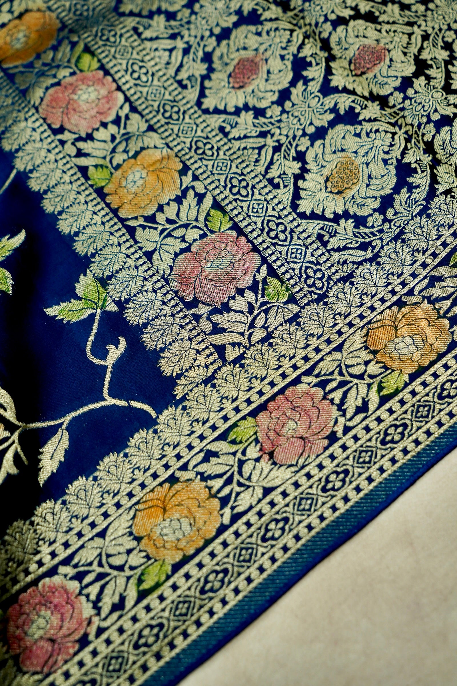 Royal Blue Banarasi Satin Saree with brush work - Image 4
