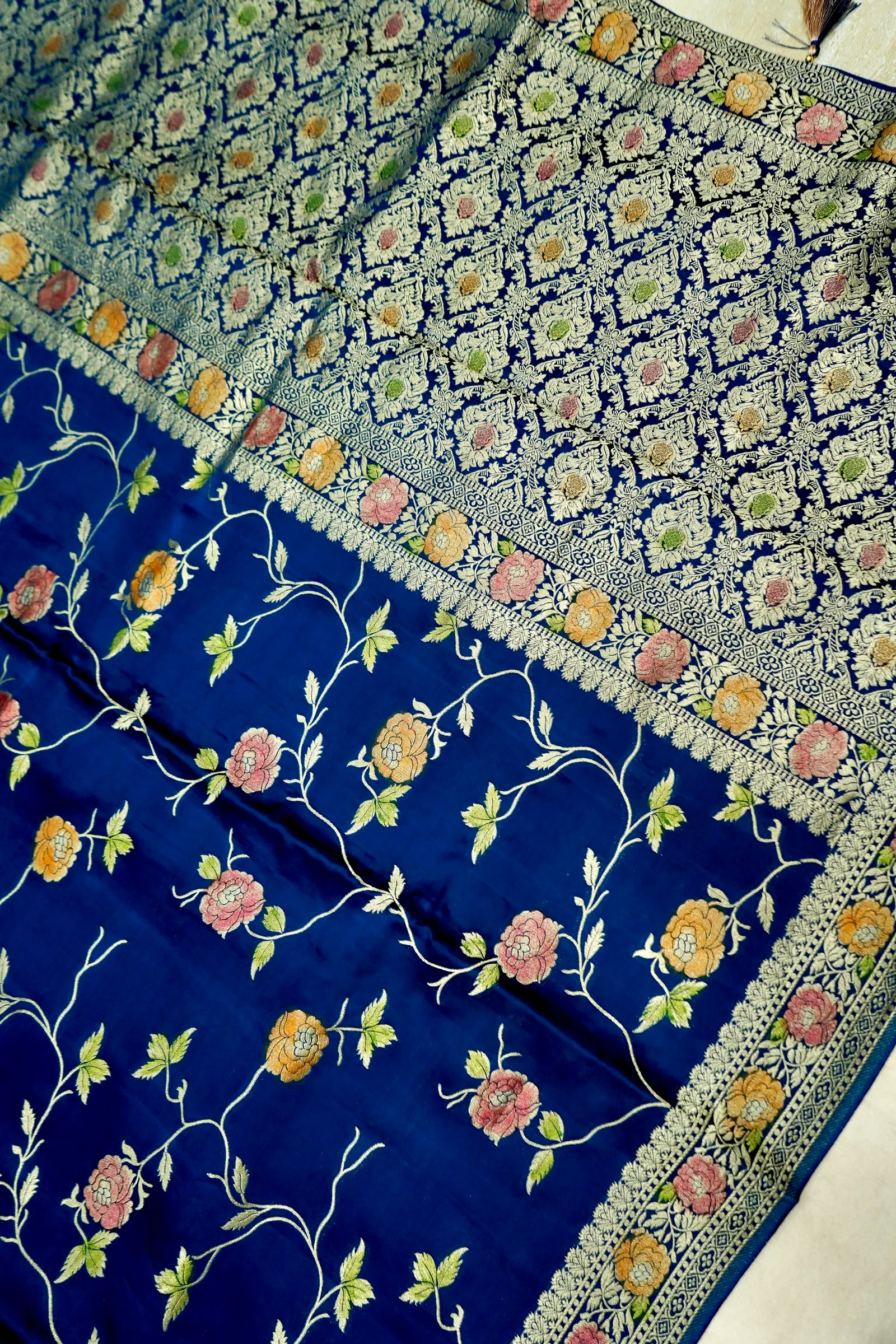 Royal Blue Banarasi Satin Saree with brush work - Image 6