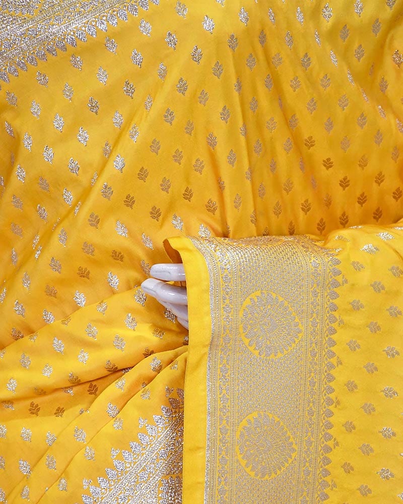 Yellow Banarasi Silk Saree with Zari Buti - Image 3